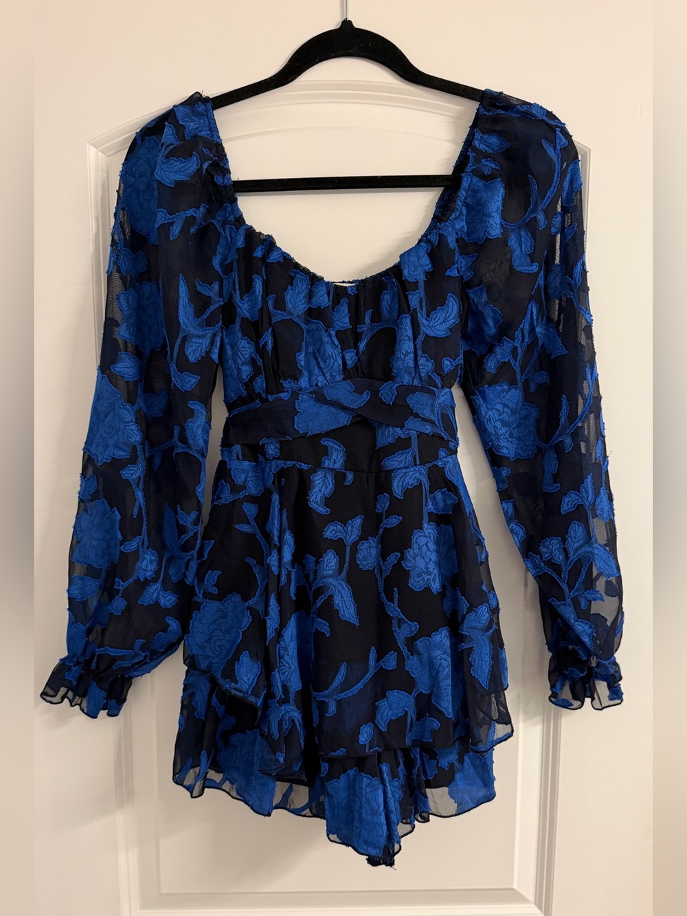 Blue Floral Long-Sleeve Romper with Scoop Neck